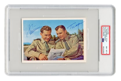 Yuri Gagarin & Gherman Titov PSA NM-MT 8 Signed Color Photo Postcard, Superb Pairing of The First &