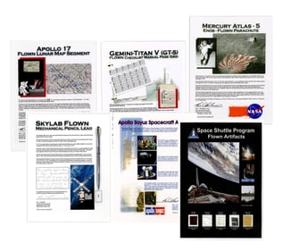 Six Displays of Flown Relics from Various NASA Missions: Apollo 17, Mercury-Atlas 5, SkyLab, & More