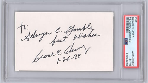 Fine Union Leader Cesar Chavez Signed Card, PSA/DNA