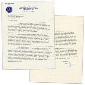 J. Edgar Hoover 1953 TLS Re: Florence Kahn, "Mother of FBI," As Well As Eisenhower's Inauguration,