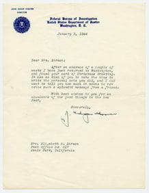 J. Edgar Hoover WWII-Dated TLS to California Pen Pal: "I have just returned to Washington"
