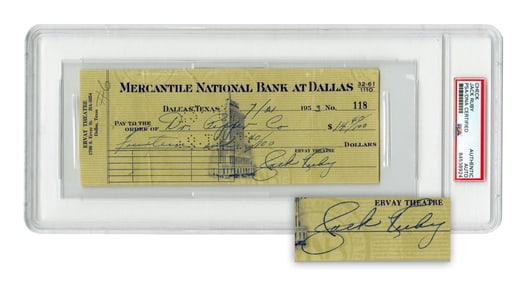Jack Ruby Signed Ervay Theater Check, PSA Encapsulated