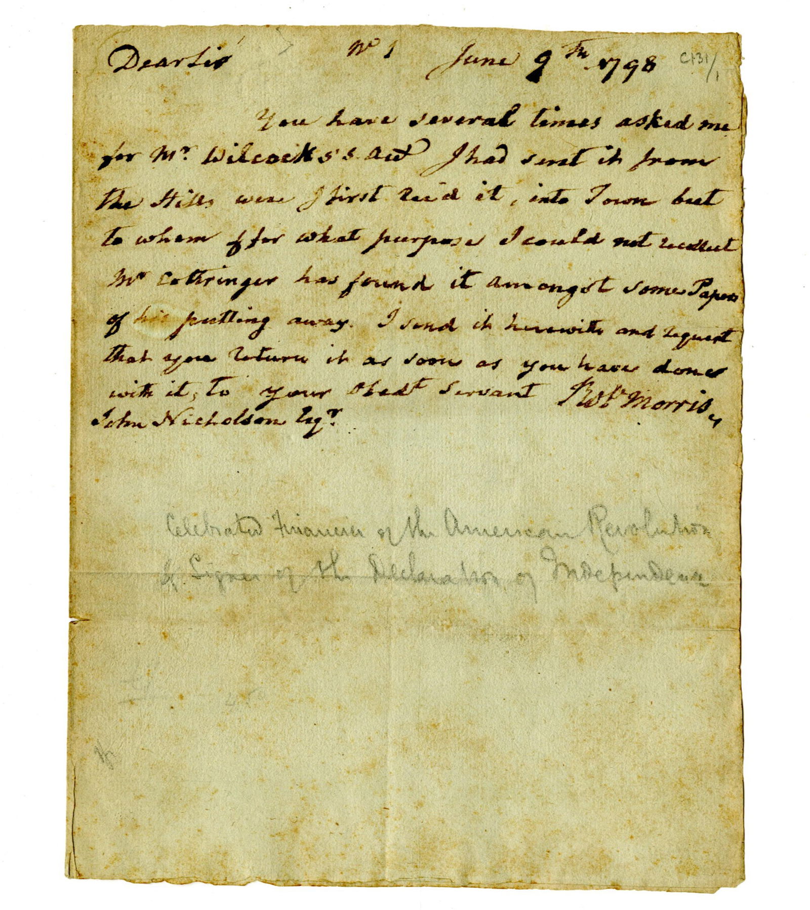 Robert Morris ALS from Debtor's Prison, June 1798 to Nicholson: Robert MorrisPhiladelphia, PA, June 9, 1798Robert Morris ALS from Debtor's Prison, June 1798 to NicholsonALSAn autograph letter signed by Robert Morris, written from Prune Street debtors' prison. 1p,