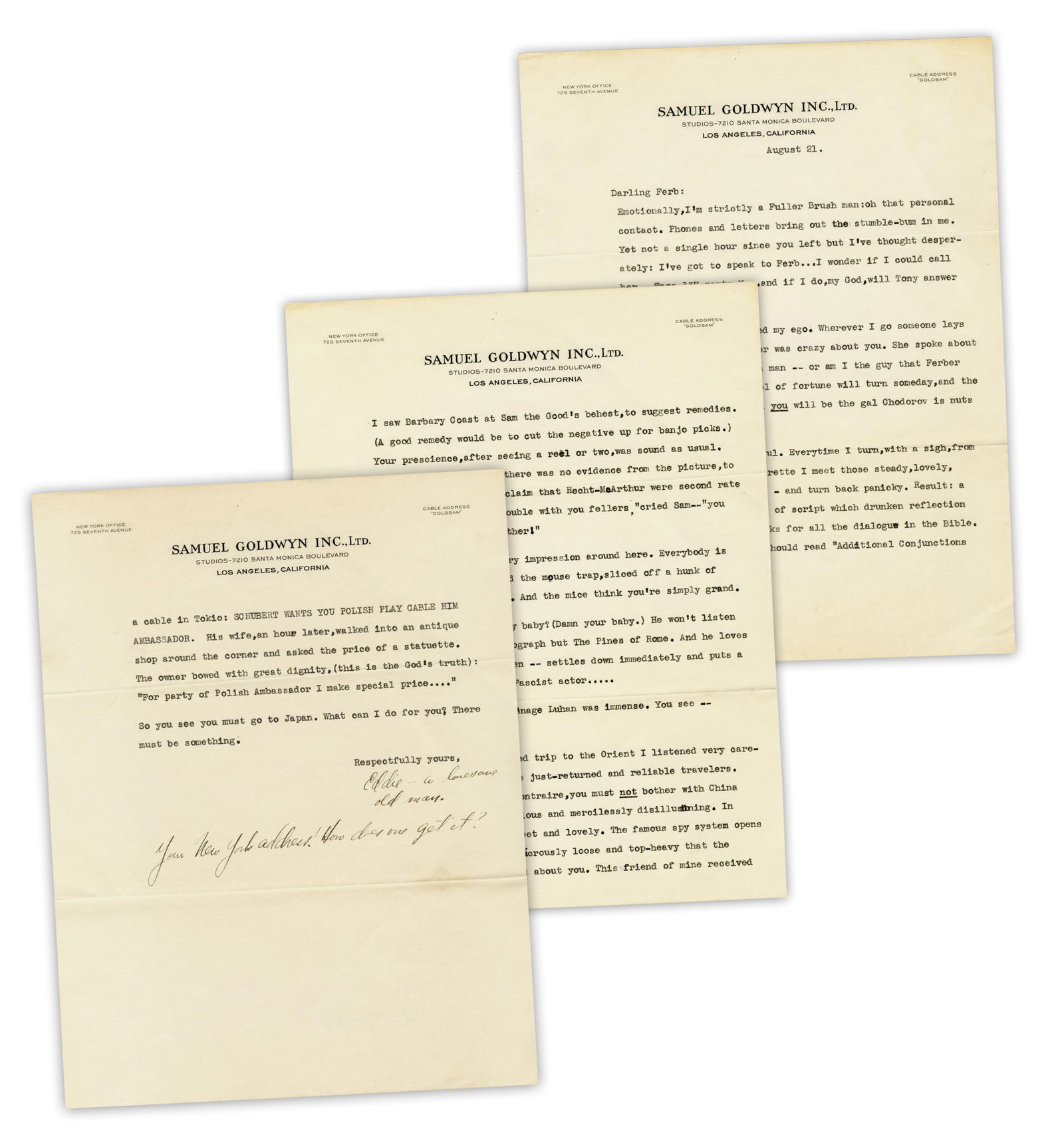 Playwright Edward Chodorov TLS to Edna Ferber: "Everybody is mad for you" (1 of 4)