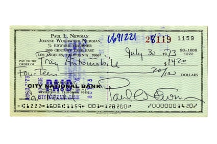 Paul Newman Signed Check 5 Months Before Release of "The Sting"