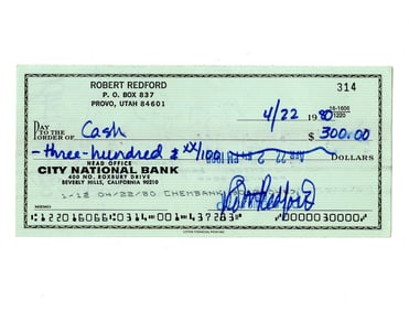 Robert Redford Twice Signed Check 1980