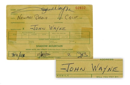 John Wayne Signed Registration Card for the Shadow Mountain Resort in Palm Desert