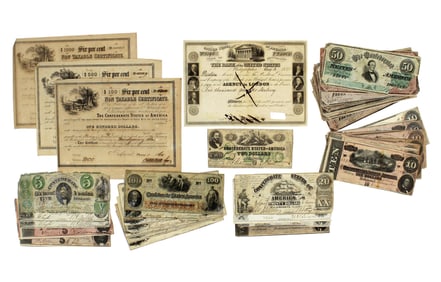 45 Confederate States of America Bank Notes, with 1838 US Promissory Note to London