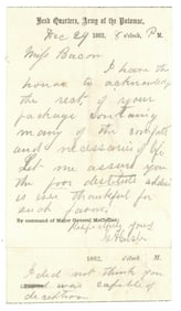 George Custer War Dated 1862 ALS Thanks Libbie For Helping "poor destitute soldier" He'd Fall In