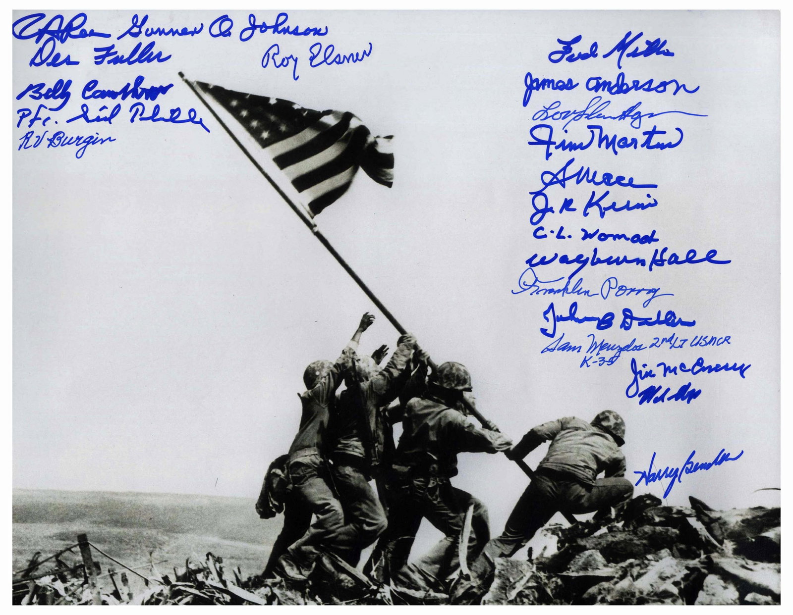 Raising the Flag on Iwo Jima Photo Signed by 21 Marines (1 of 3)