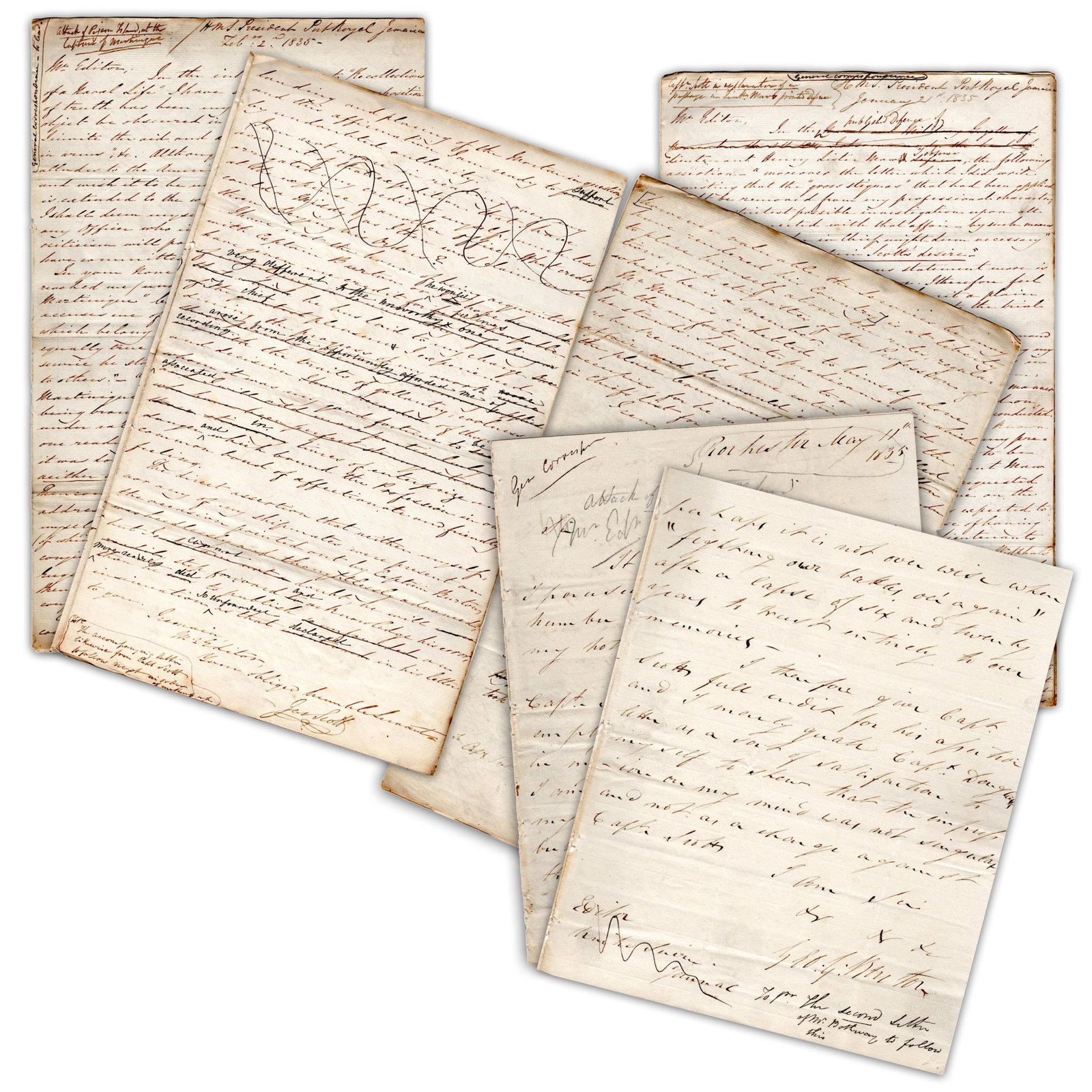 British Attack on Martinique! Eyewitness Officers Fight Their Battles “O’er Again”: British NavyPort Royal, Jamaica; Rochester, England, ca. 1835British Attack on Martinique! Eyewitness Officers Fight Their Battles “O’er Again”ALS[BRITISH NAVY].- James Scott, Autogr