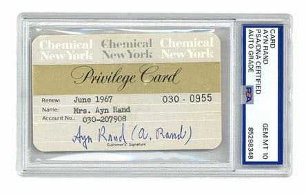 Ayn Rand's “Privilege Card” for Chemical Bank Signed Twice, PSA Gem MT 10