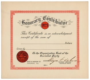 Eugene V. Debs Boldly Signed Socialist Party of America Fundraising Certificate