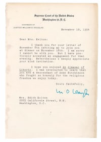 William O. Douglas Letter: "I was interested to learn that you are a descendant of Anne