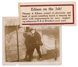 Thomas Edison Inspects WWI Submarine, Large 14" x 17" Press Photo
