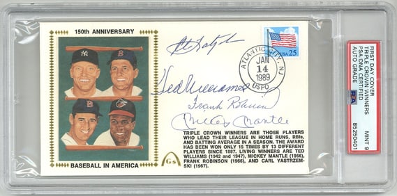 Triple Crown Winners Mantle, Williams, Robinson and Yaz Signed Cover, PSA Mint 9