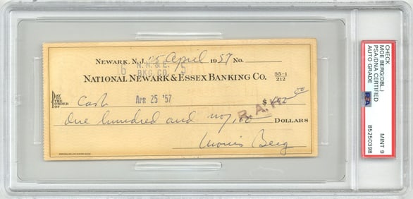 The Catcher was a Spy! Scarce Mo Berg Check Signed Twice, PSA Graded MINT 9