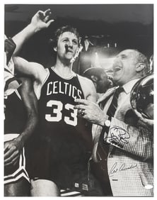 Awesome Oversized Larry Bird and Red Auerbach "Victory Cigar" Signed Photo, with Steiner