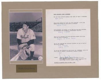 Hank Greenberg Signed Questionnaire. His Hero? Babe Ruth! JSA Graded 9.5