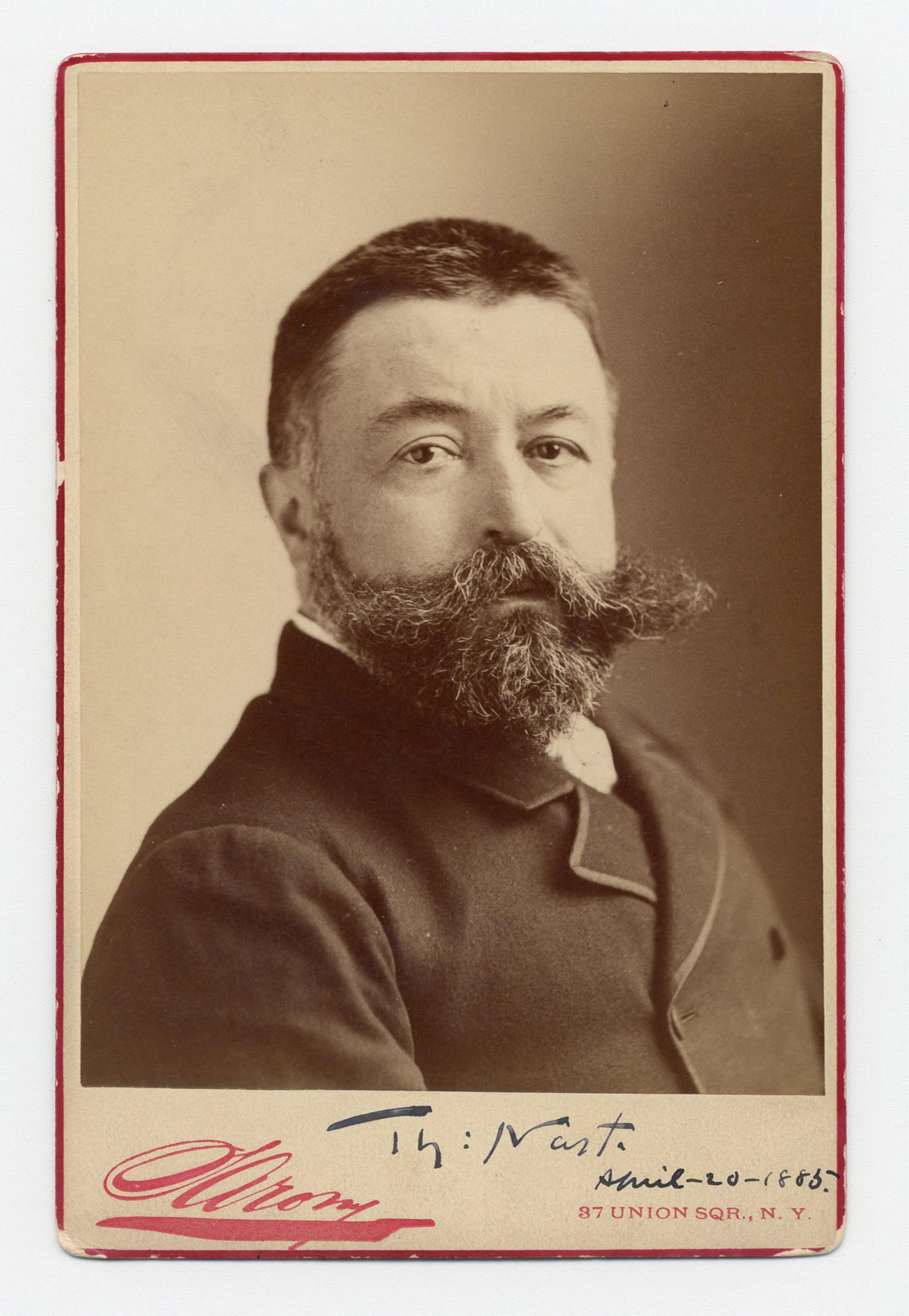 Thomas Nast Signed Sarony Cabinet Card: Thomas Nastn.p., April 20, 1885Thomas Nast Signed Sarony Cabinet CardSigned cabinet cardA Sarony cabinet card of political cartoonist Thomas Nast (1840-1902), signed and dated by Nast along the bottom