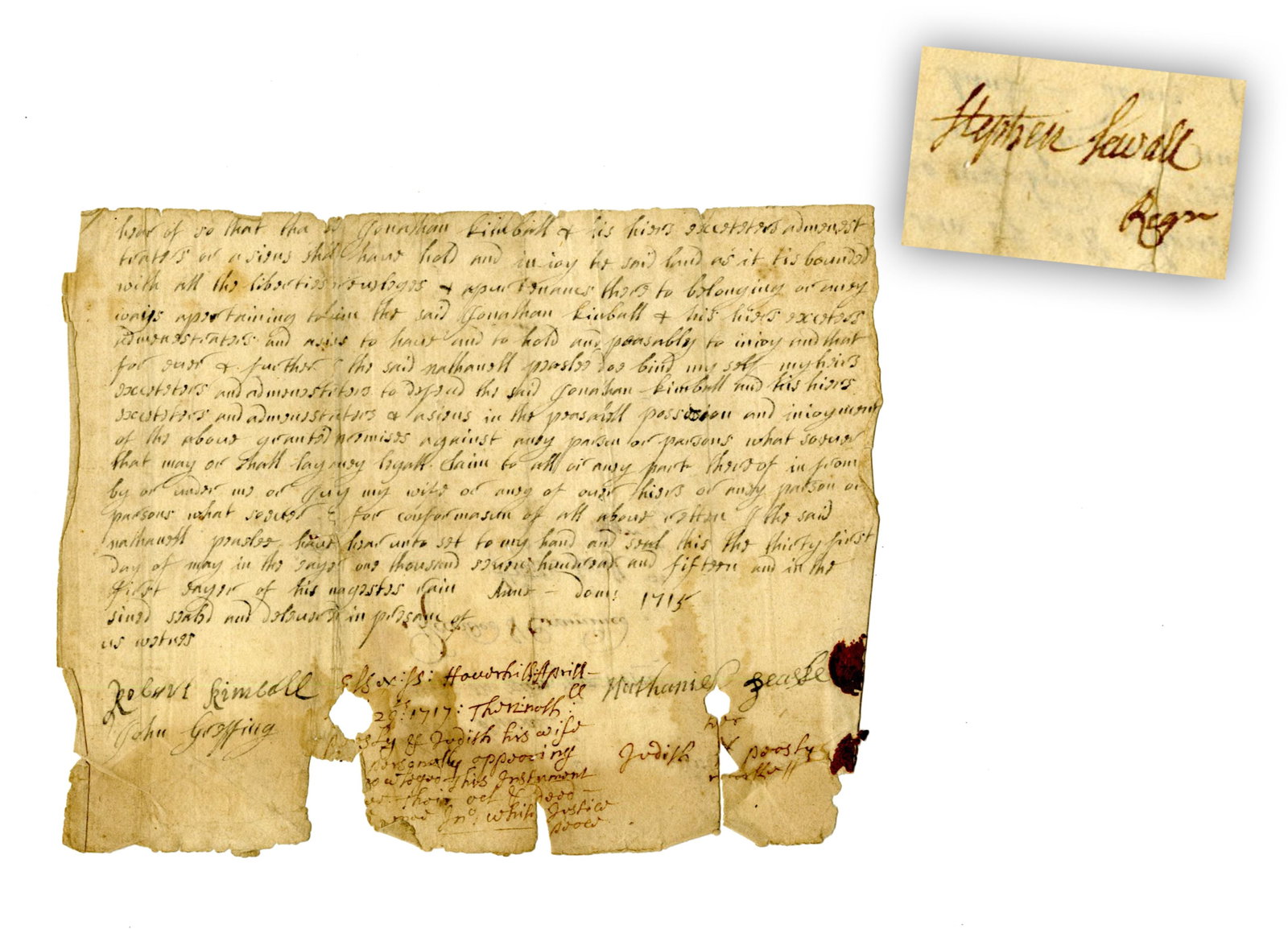 Stephen Sewall, Salem Witch Trials Partial 1715 Deed Signed (1 of 3)