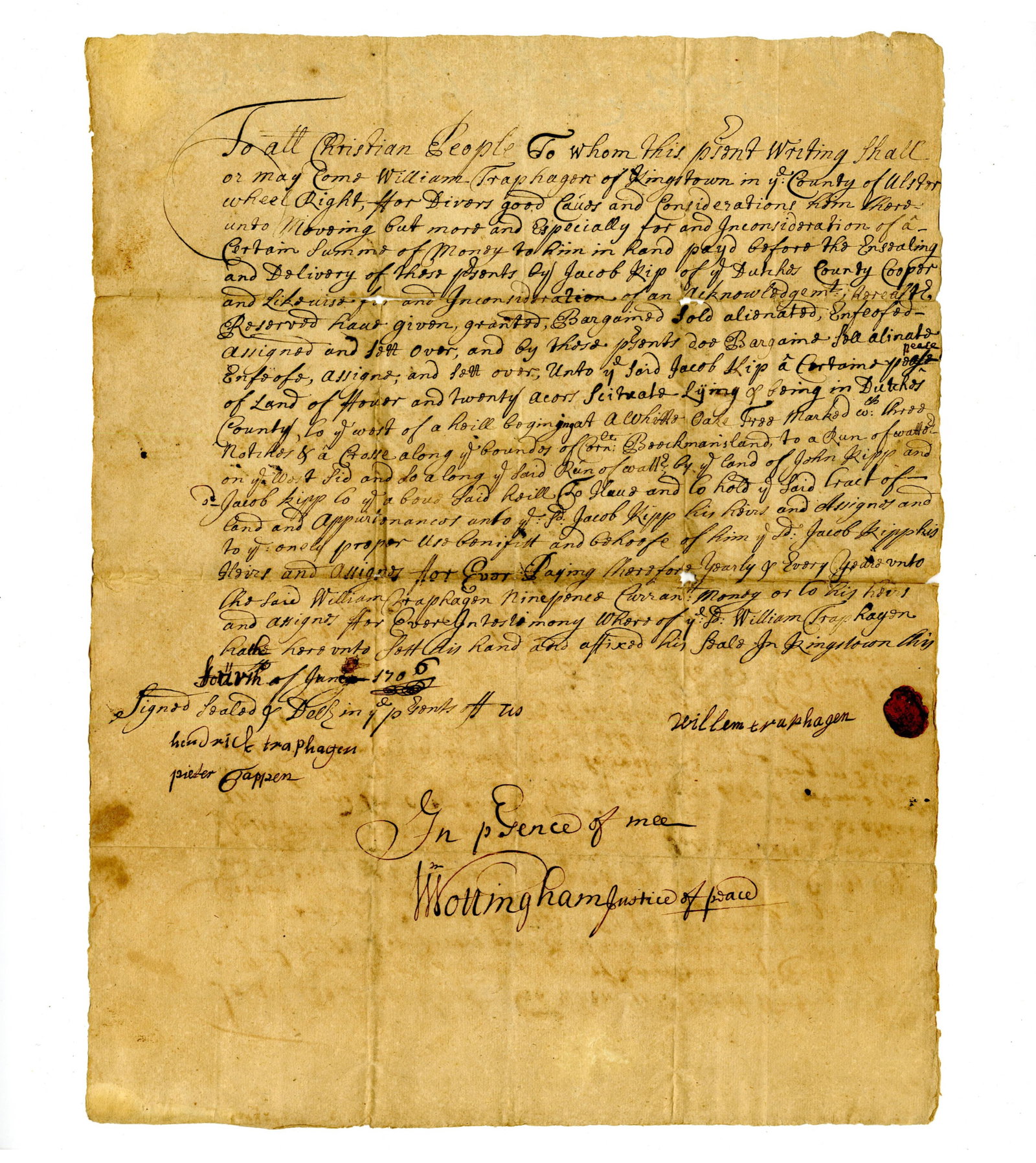 Willem Traphagen, Founder of Rhinebeck, NY 1706 Land Deed Signed (1 of 3)