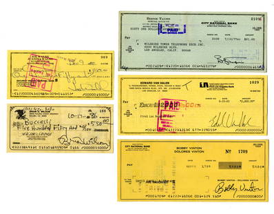 [Music] Group of 5 Signed Checks: Van Halen, Vinton, Taupin, Walsh & Wilson: Musicvarious, ca. 1973 to 1986[Music] Group of 5 Signed Checks: Van Halen, Vinton, Taupin, Walsh & WilsonArchiveA collection of five signed checks from musicians Bernie Taupin, Eddie Van Halen, Bobby