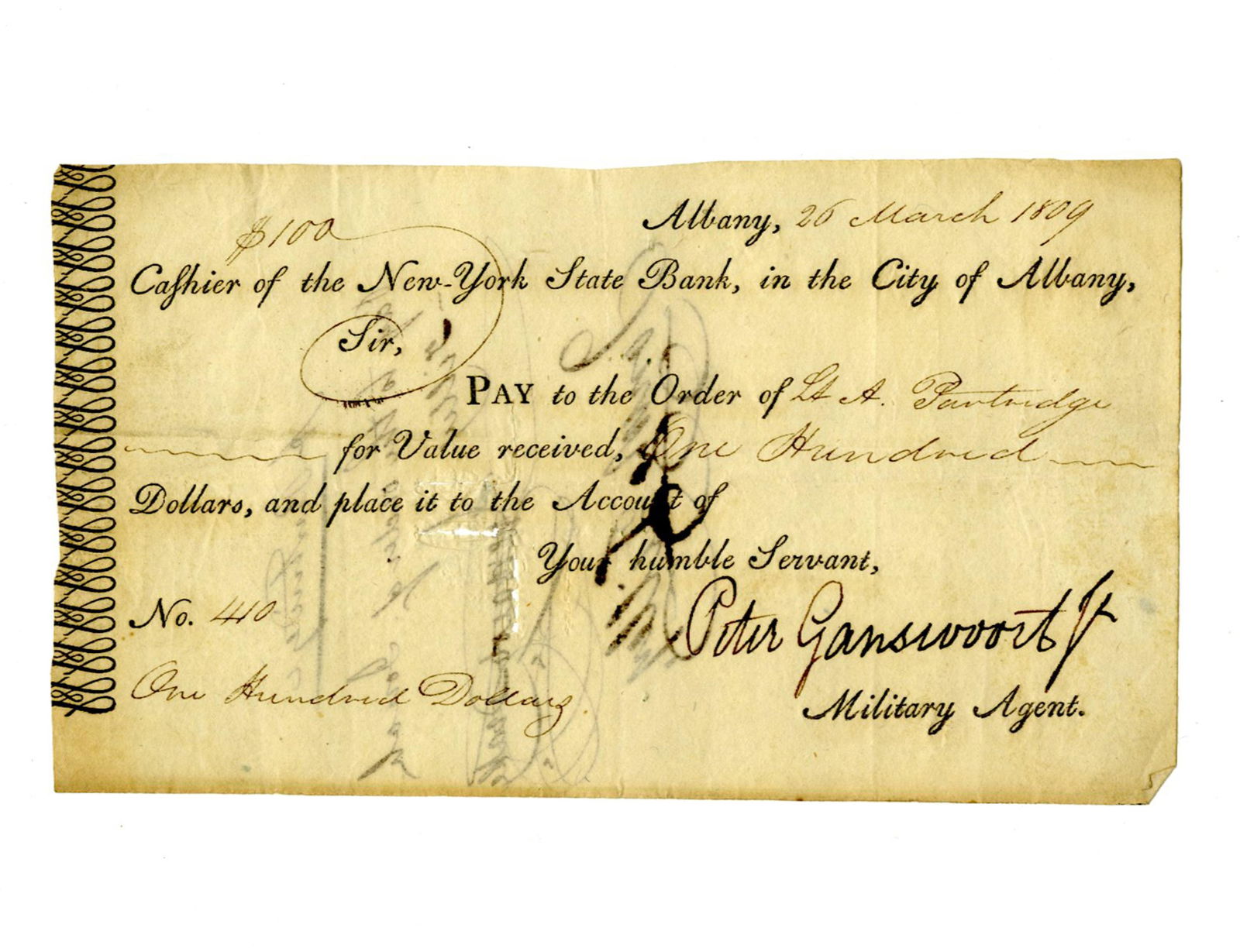 1809 Peter Gansevoort Signed Pay Order for Lt. Alden Partridge (1 of 3)