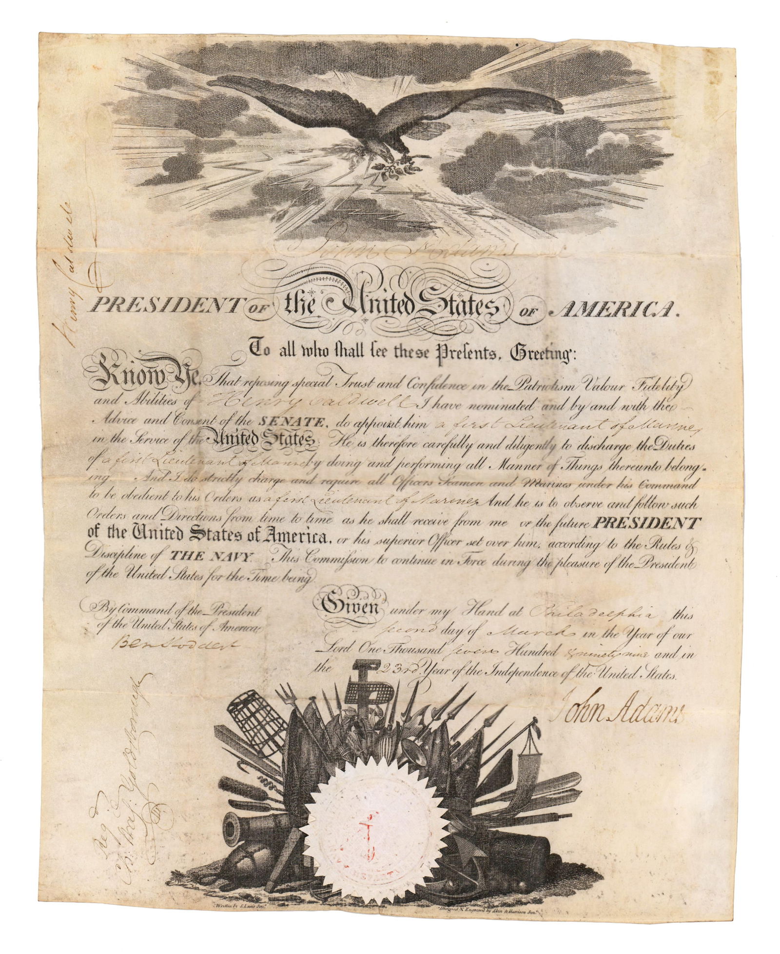 Very Rare John Adams DS Appointing U.S. Marine Officer - Future 1st Commander of Marine Barracks at