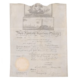 William Henry Harrison As President Signed Ship's Passport for Doomed Whaling Ship. Finest Example