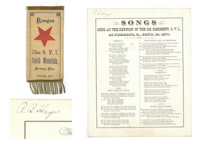Rutherford B. Hayes Signed Song Sheet and Civil War Reunion Ribbon