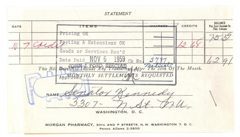 John F. Kennedy 1959 Pharmacy Receipt...Possibly Initialed in His Hand!