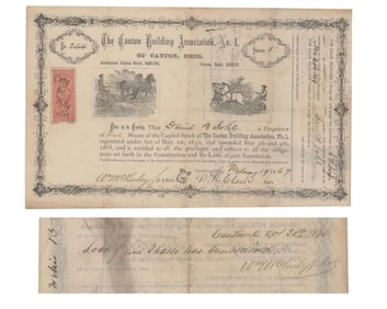 William McKinley 2x Signed Stock Certificate for Canton Building Association