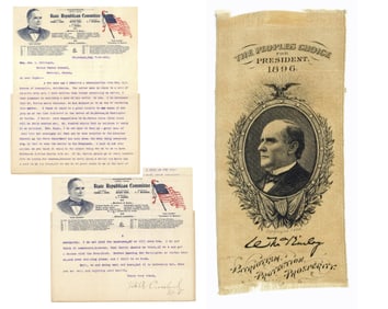 McKinley Campaign Ribbon 1896, and TLS on State Republican Committee Letterhead