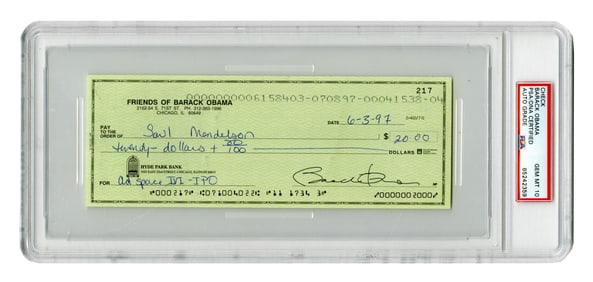 Barack Obama PSA GEM MT 10 Check Signed as Senator