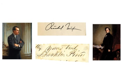 2 Clipped Signatures of Controversial Presidents Franklin Pierce and Richard Nixon