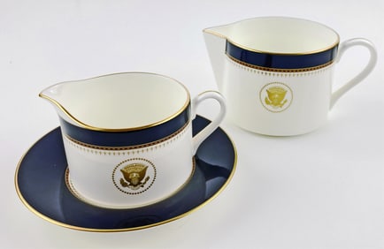 USS Ronald Reagan Souvenir Fitz & Floyd Coffee Pitcher, Creamer and Saucer