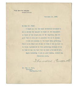 Theodore Roosevelt TLS as Pres. Re: Army to Whom "we owe the fact that we have a Nation at all"