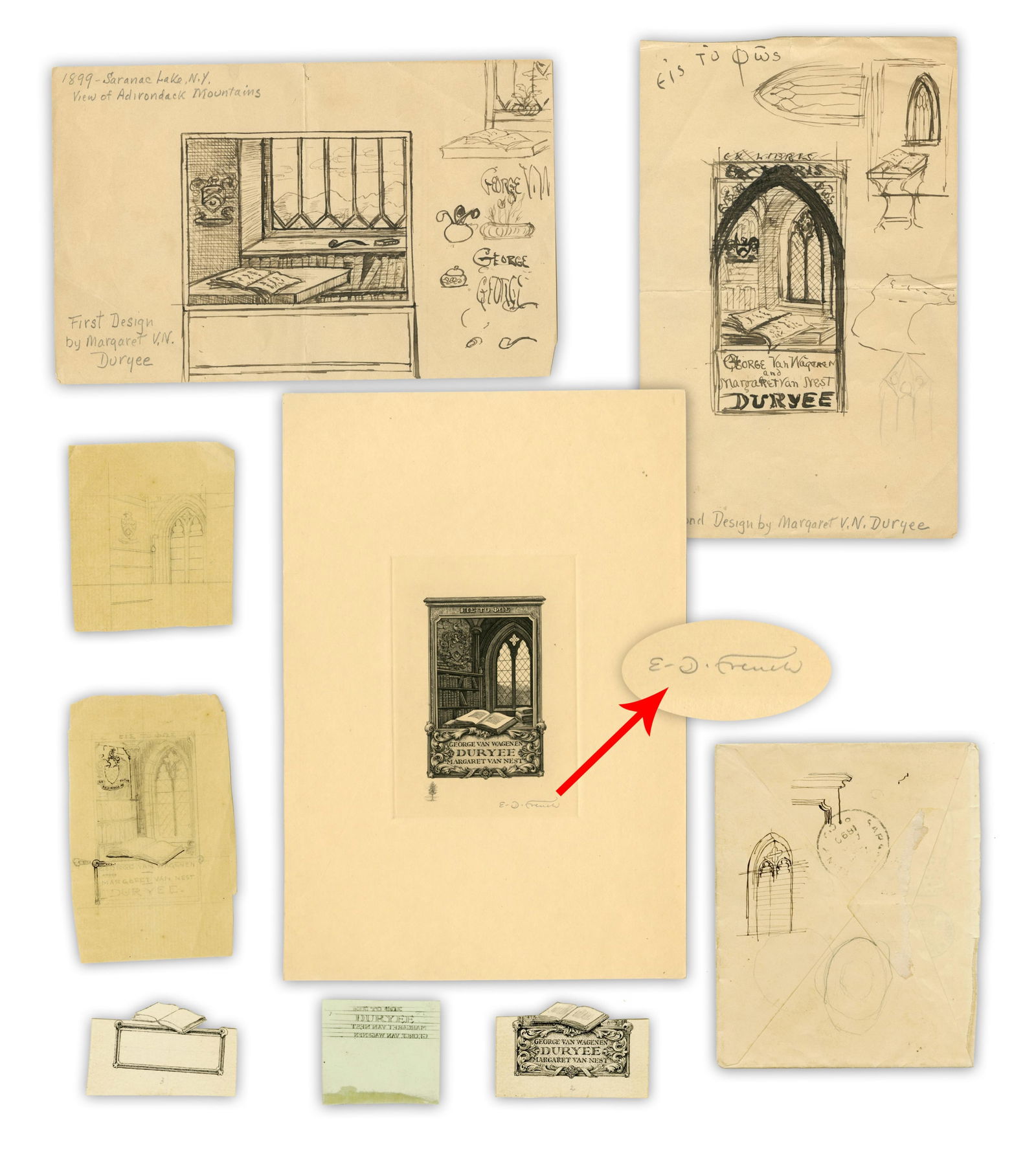 Edwin Davis French Signed Bookplate Engraving With Original Concept Sketches (1 of 9)