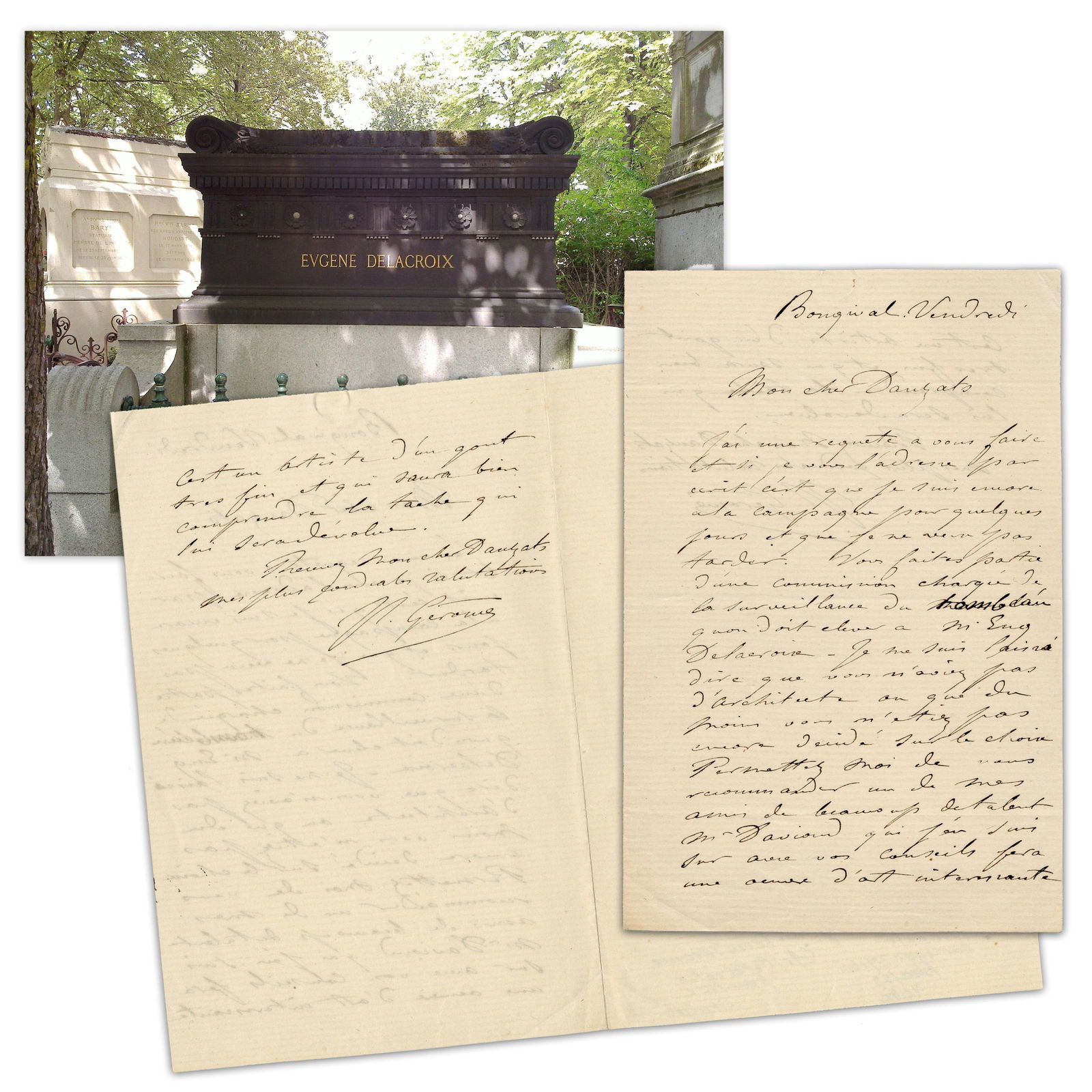 Fabulous Artistic Content! Jean-Léon Gérôme ALS Recommending Architect Gabriel: Jean-Léon GérômeBougival, France, Friday [n.d. but ca. 1863]Fabulous Artistic Content! Jean-Léon Gérôme ALS Recommending Architect Gabriel Davioud For Eugène Delacro