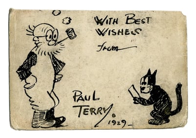 Charming Paul Terry Signed Original Ink Cartoon Drawing of Farmer Alfalfa & Cat, Ex-Forbes