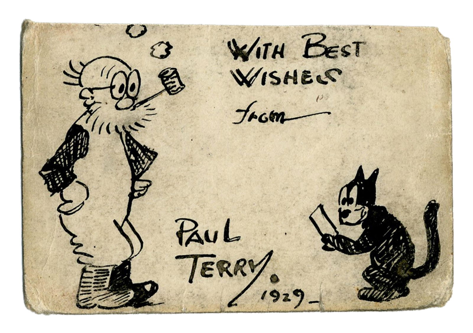 Charming Paul Terry Signed Original Ink Cartoon Drawing of Farmer Alfalfa & Cat, Ex-Forbes (1 of 3)