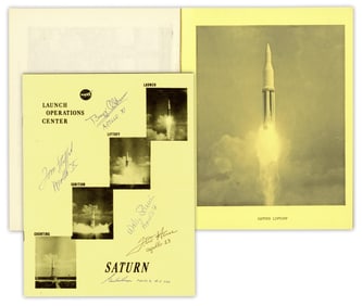 (5) Apollo Astronauts Signed Saturn Launch Booklet: Aldrin, Schirra, Haise, Cooper & Stafford
