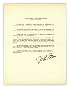 John Glenn Signed Typescript of JFK's Statement re: America's First Manned Space Flight