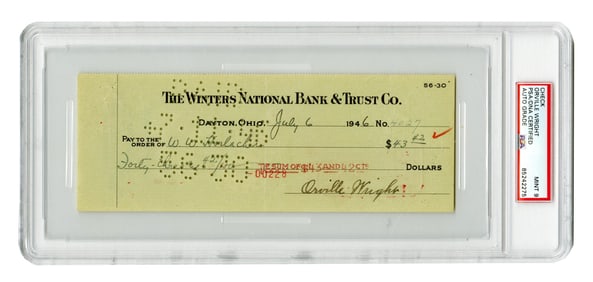 Orville Wright PSA MINT 9 Signed Check