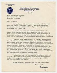J. Edgar Hoover TLS On Joseph McCarthy: A Hero Valiantly Scourging "subversive elements" & Victim of