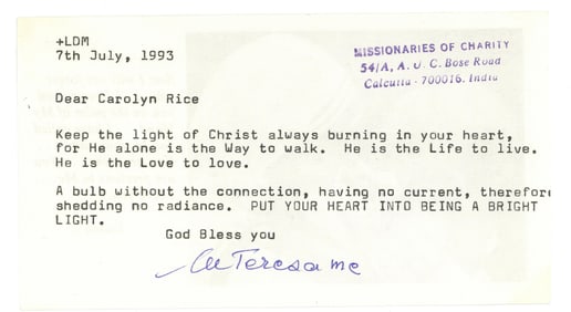 Mother Teresa Urges a Follower to "Put Your Heart Into Being a Bright Light"