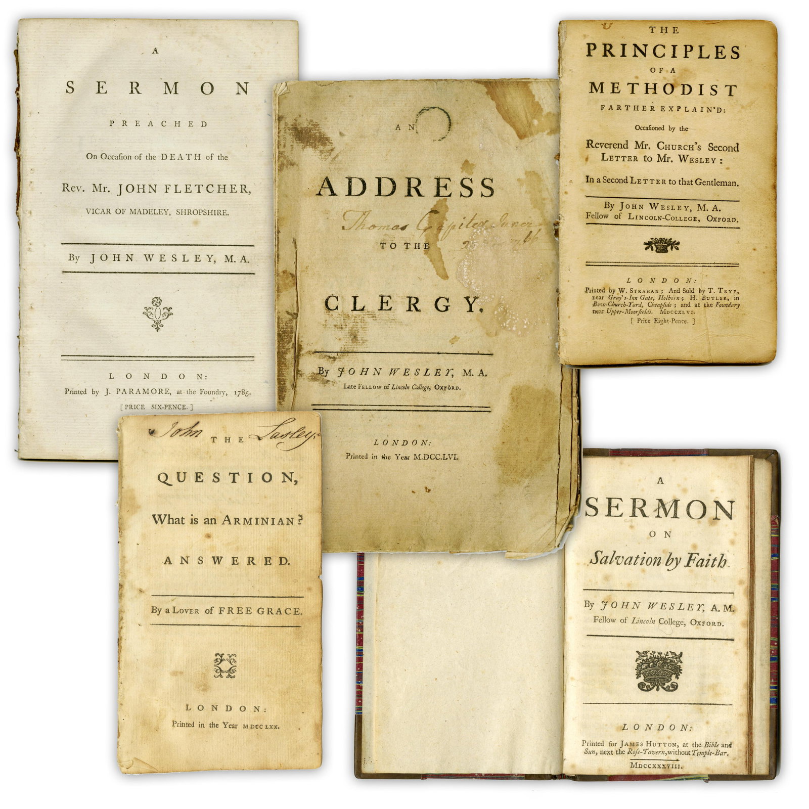 Five Publications by John Wesley, 1738-85 re: Sermons & Musings: John Wesleyvarious, ca. 1738-85Five Publications by John Wesley, 1738-85 re: Sermons & MusingsArchiveA group of five pamphlets and publications by the Reverend John Wesley, dating from 1738 to 1785. V