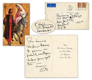 Katharine Hepburn 2x Signed Christmas Card Shortly After Dropping Out of "Travels With My Aunt"