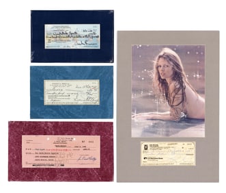 Four Matted Checks Signed by Price, Basinger, Bronson & J. Paul Getty